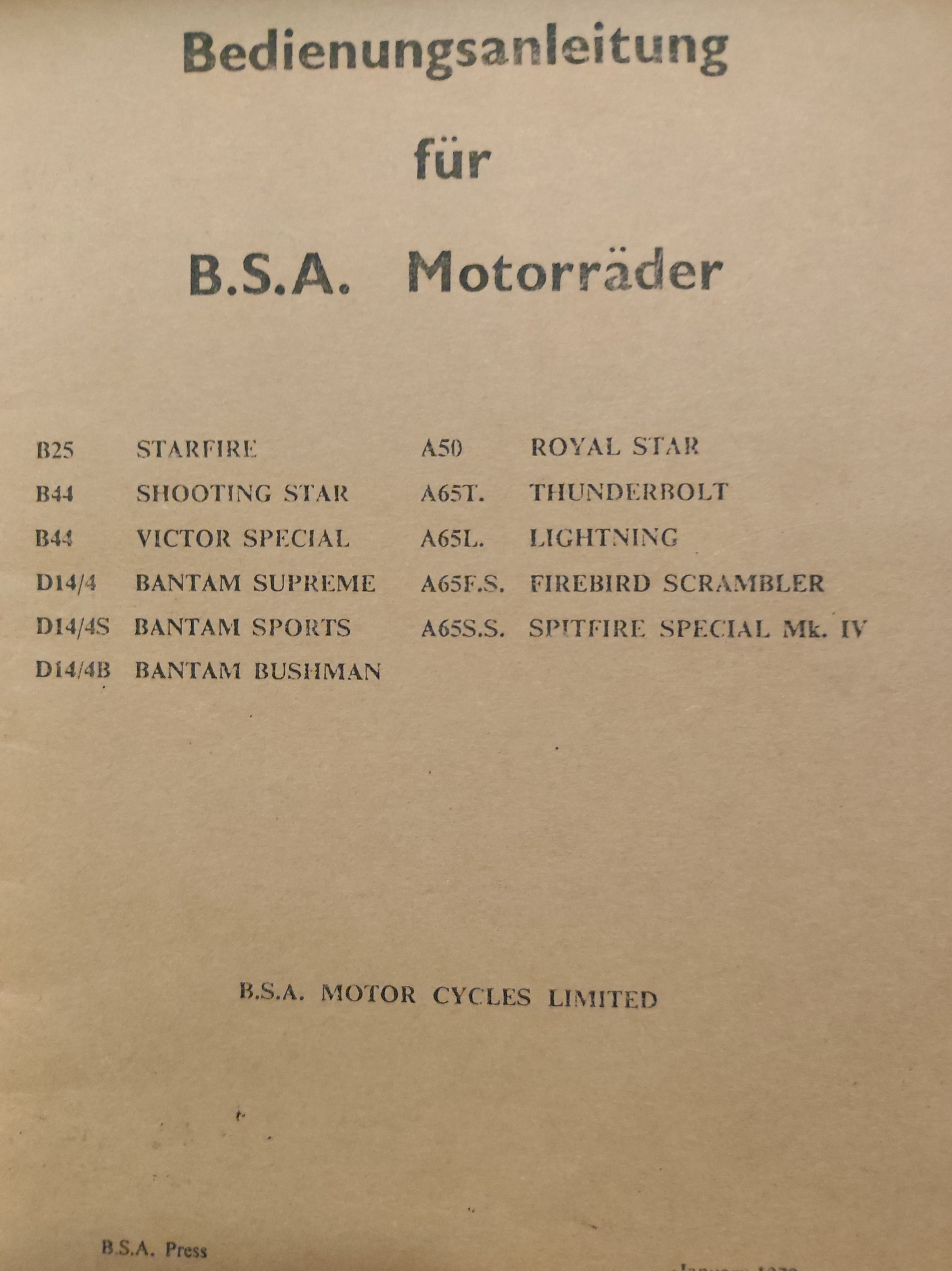 BSA Motorräder Bedienungsanleitung 1970