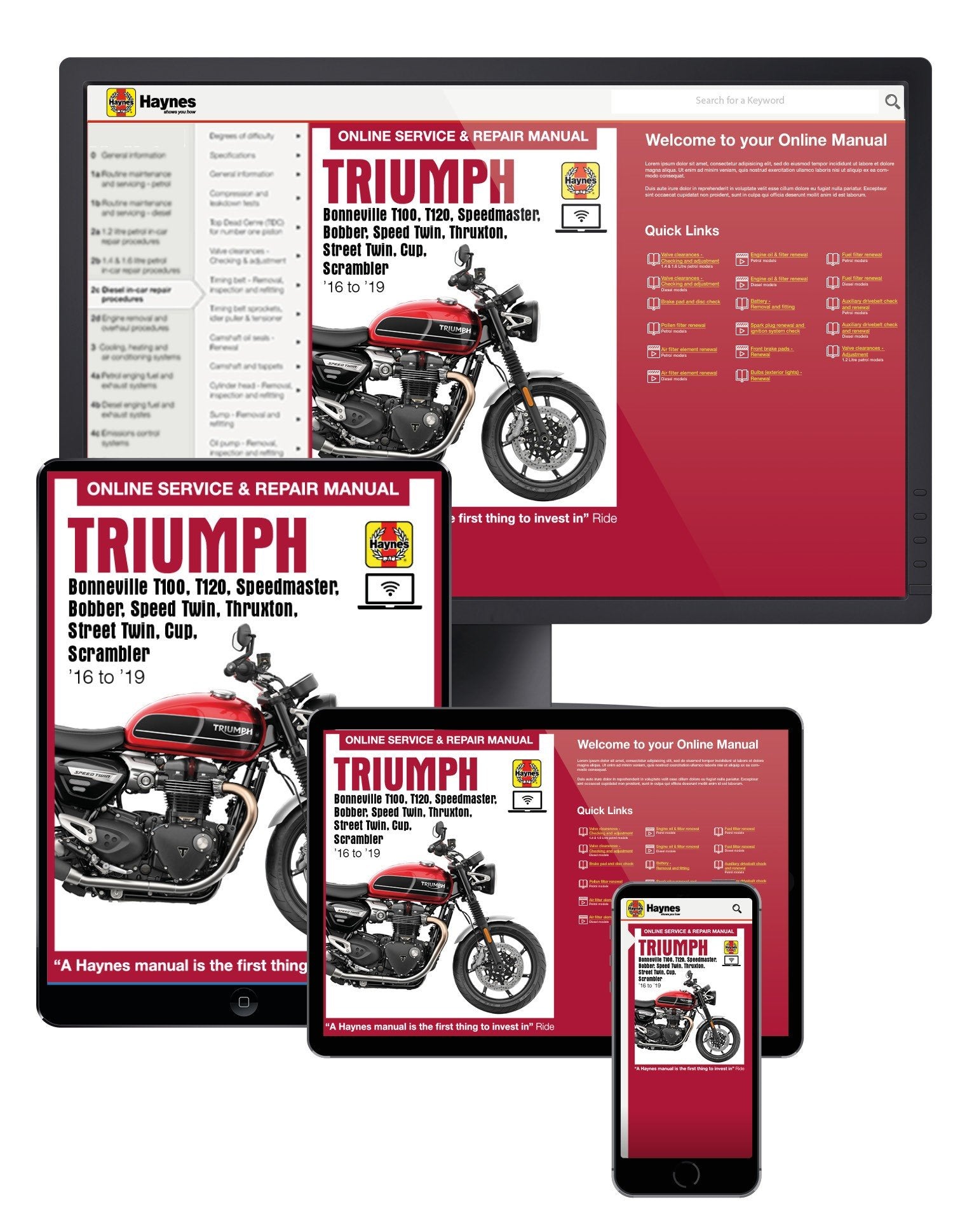 Triumph Bonneville T100, T120, Bobber, Thruxton, Street Twin, Cup &amp; Scrambler (16 - 19) Haynes Online Manual