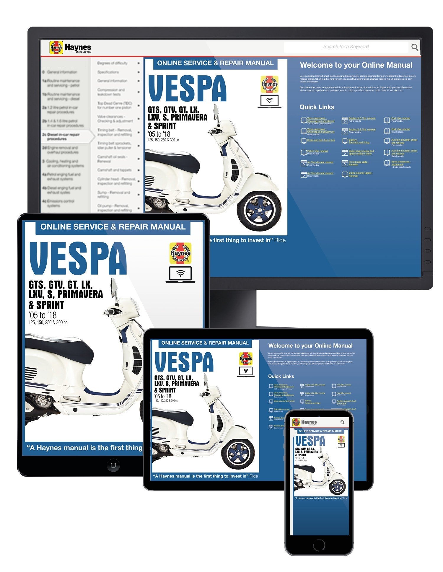 Vespa GTS, GTV, LX &amp; S 125 to 300 (2005-2018) Haynes Online Manual