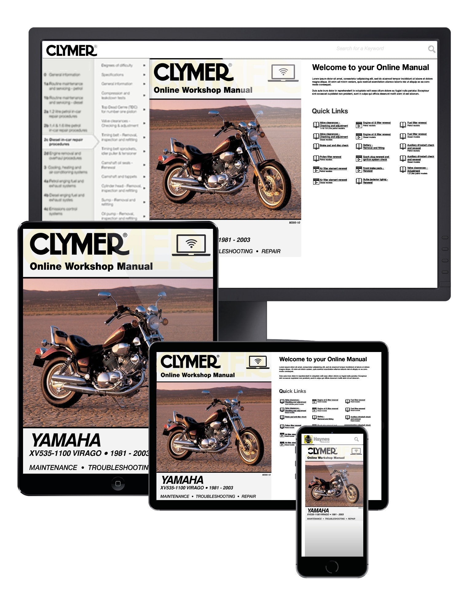 Yamaha XV535-1100 Virago Motorcycle, 1981-2003 Clymer Online Manual